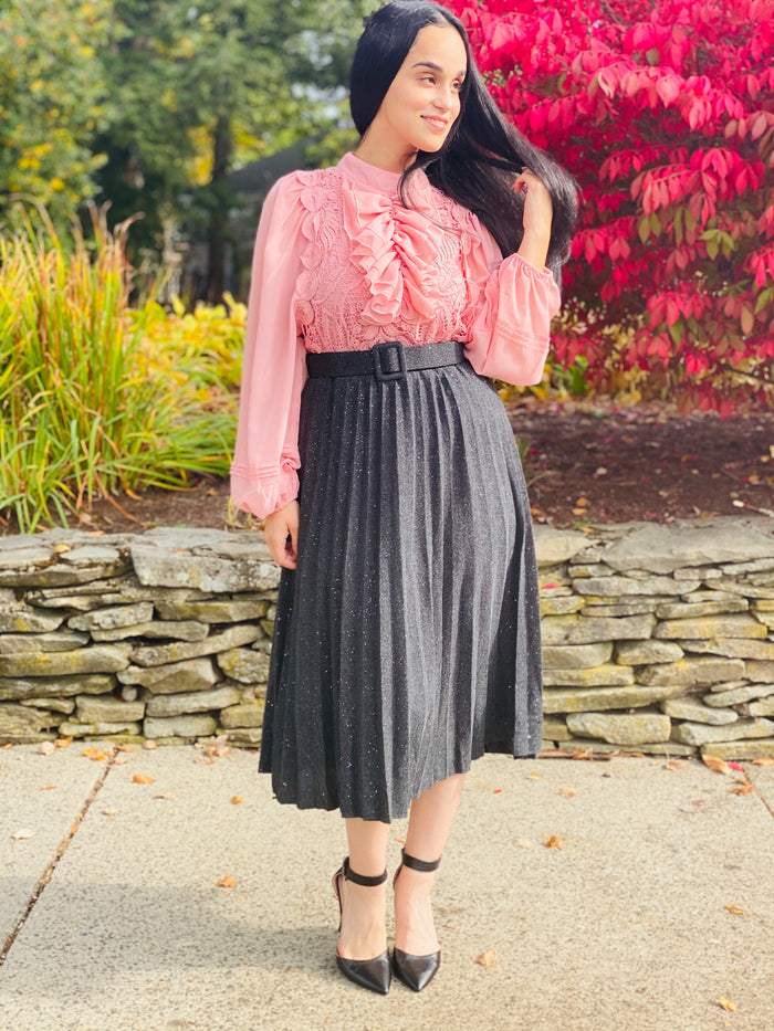 Grey Glittery - Pleated Skirt